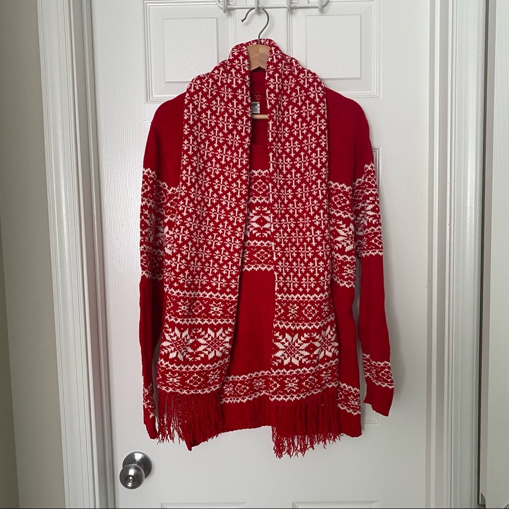 Red and white Austin sweater and scarf combo